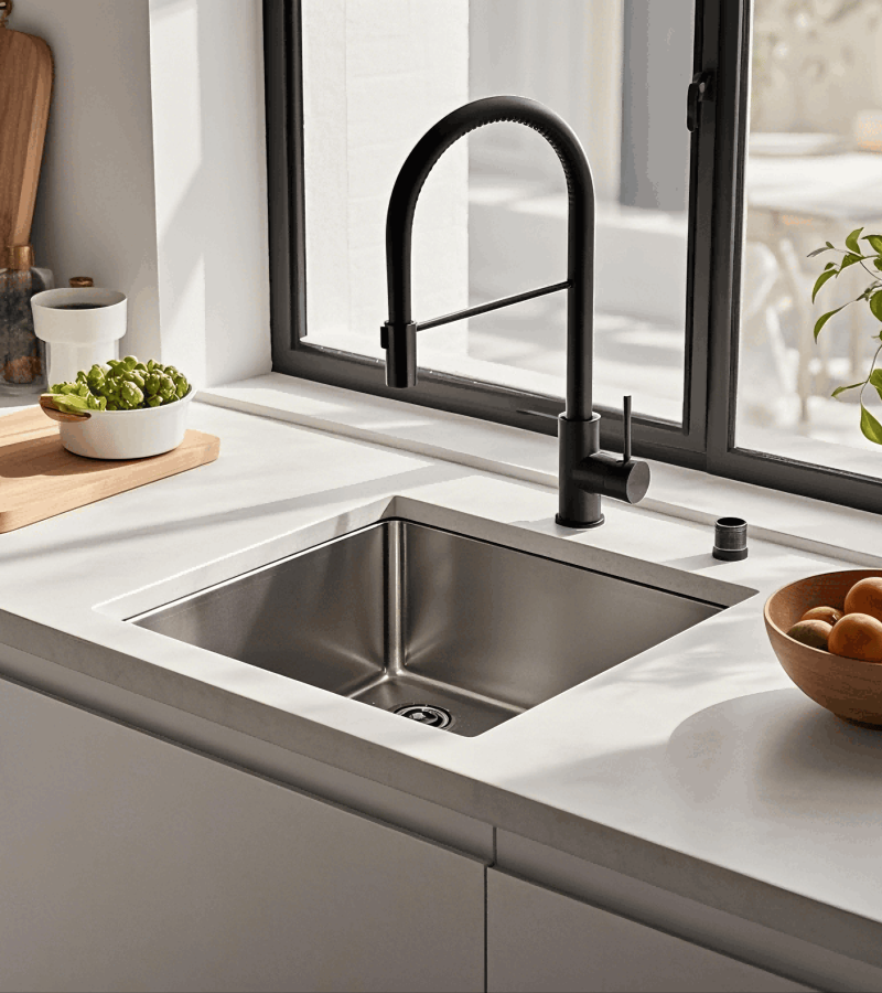 stainless steel kitchen sink in residential kitchen