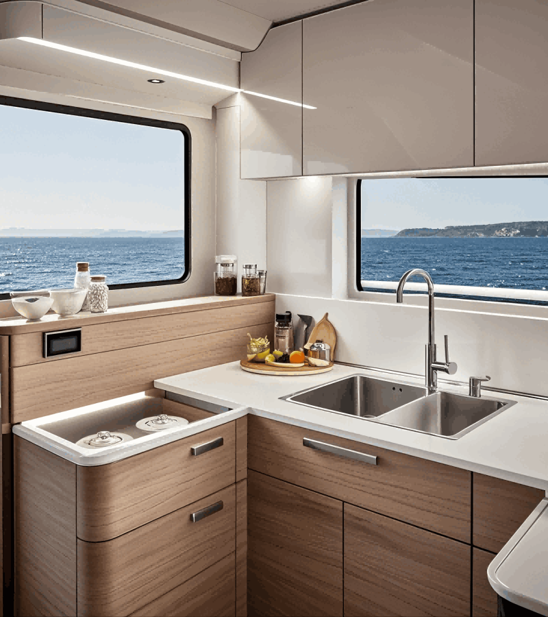 stainless steel kitchen sink in yacht